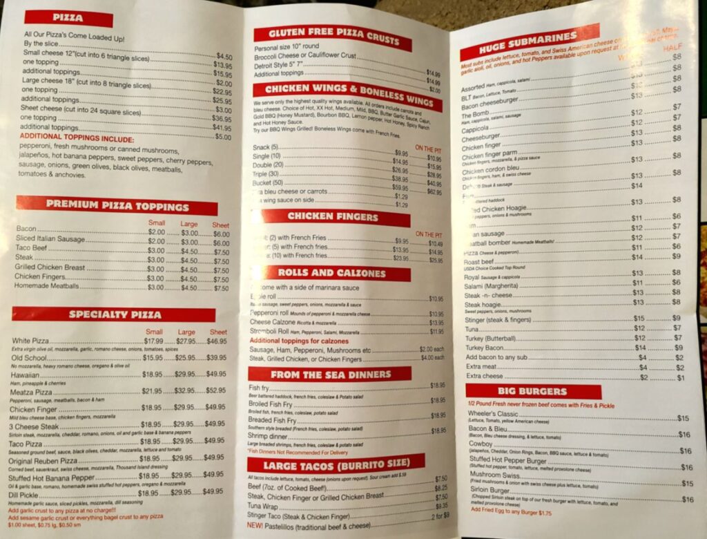T.C. Wheelers Bar & Pizzeria Menu 1